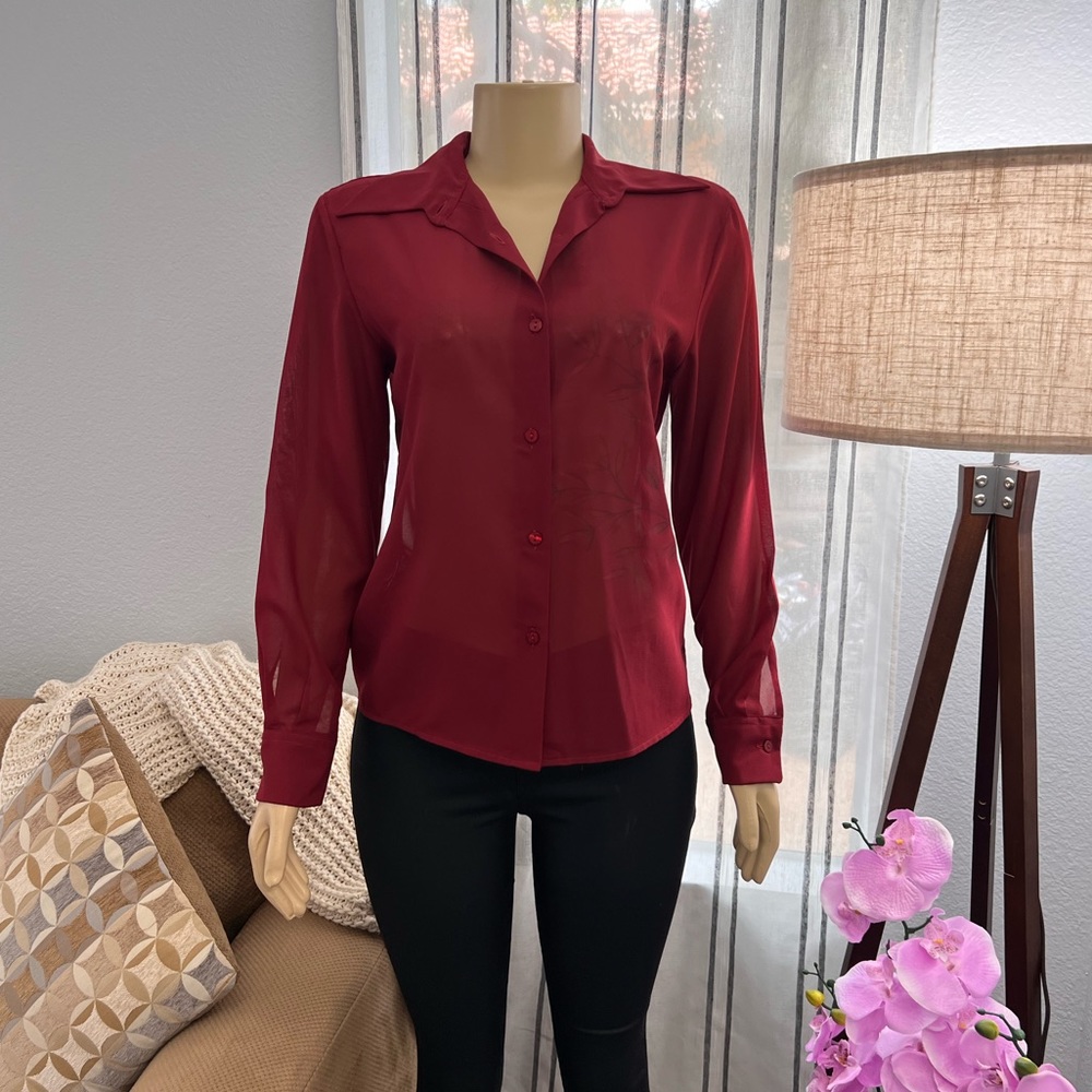 Sisley Burgundy Long Sleeve Sheer Top Size M Medium Floral